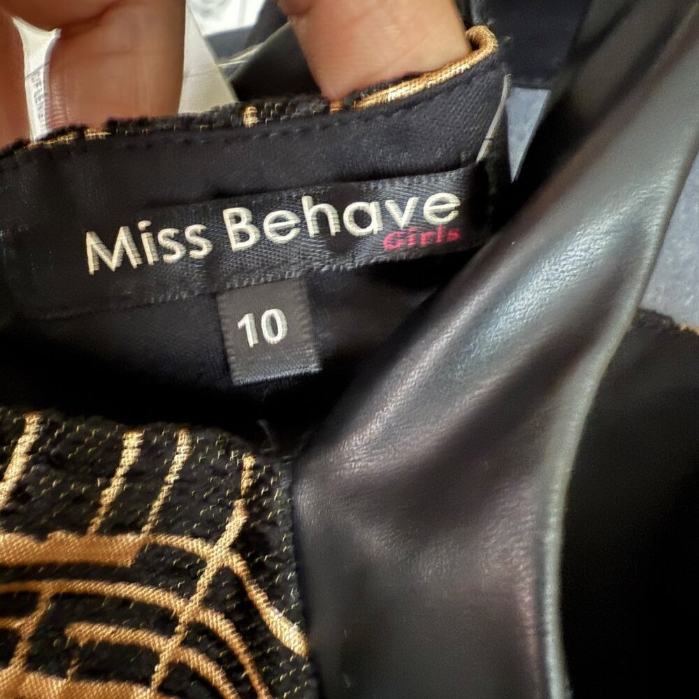 Miss Behave Girls Black & Gold Textured Halter Dress Size 10 With Faux Leather D - Picture 5 of 5